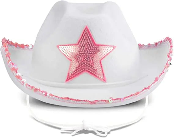 White Cowgirl Princess Hat with Pink Sequin Star Felt Dress-Up Party and Play Costume Promotional Party Supplies