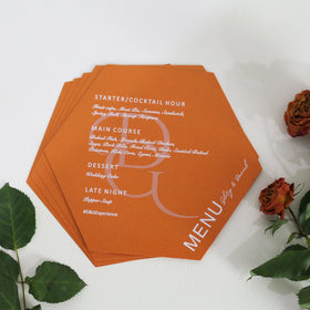 2026 Custom 2-Color Foil Paper Wedding Menu Cards Popular Hexagon Shape with Burnt Orange Pearl Music & Angel Style