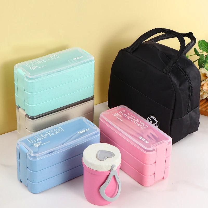 Kids Bento Box 3-In-1 Meal Prep Container Japanese Lunch Box Wheat Straw+PP Material Heatable Environment-Friendly