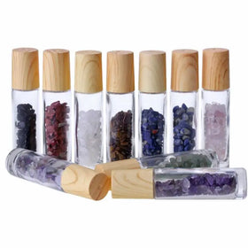 10ml Roll on Bottle for Essential Oils Clear Glass Roller Bottles With Wood Grain Lid Natural Crystal Gemstone Roller Balls Top