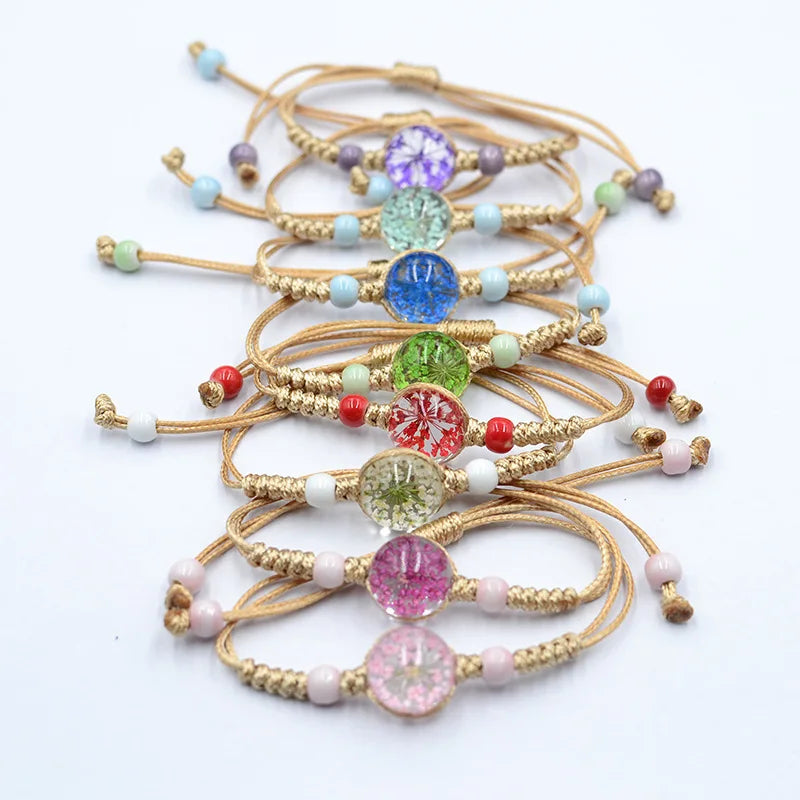 2023 New Popular Handmade Adjustable Braided Sky Star Glass Ball Bead Dried Bracelet with Flowers