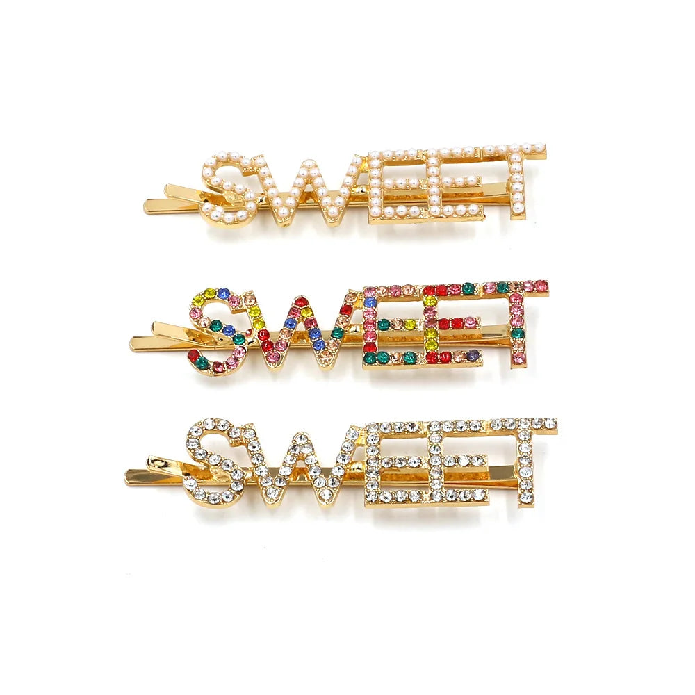 Hot Sale Cheap Girls Hair Accessories Pearl Rhinestone Barrette Bobby Pin Rhinestone Word Letter Hair Clip Hair Pins