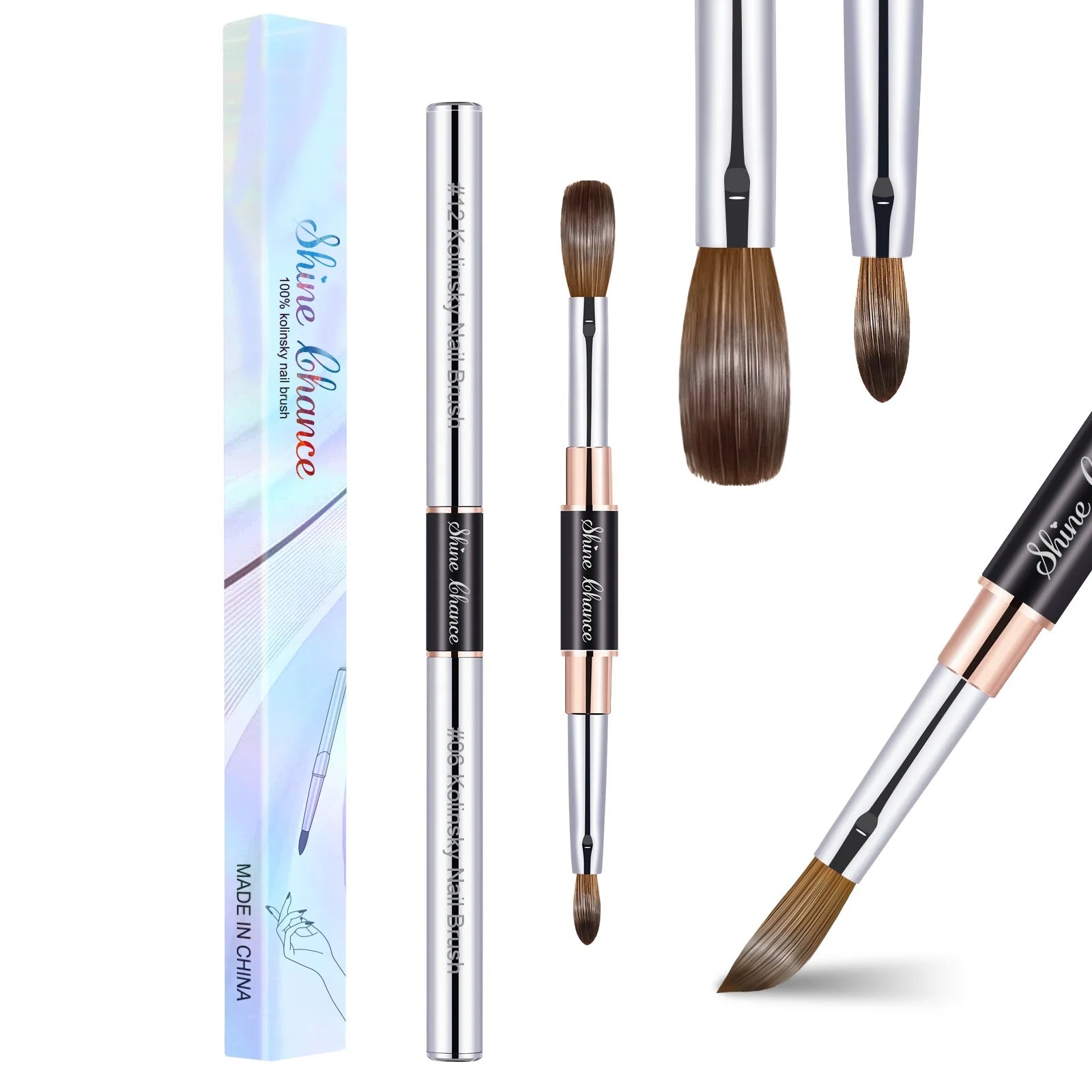 Popular New Gel Art Design Double End Multi Color Metal Handle Nail Art Paint Brush 3d Nails Brush With Cover