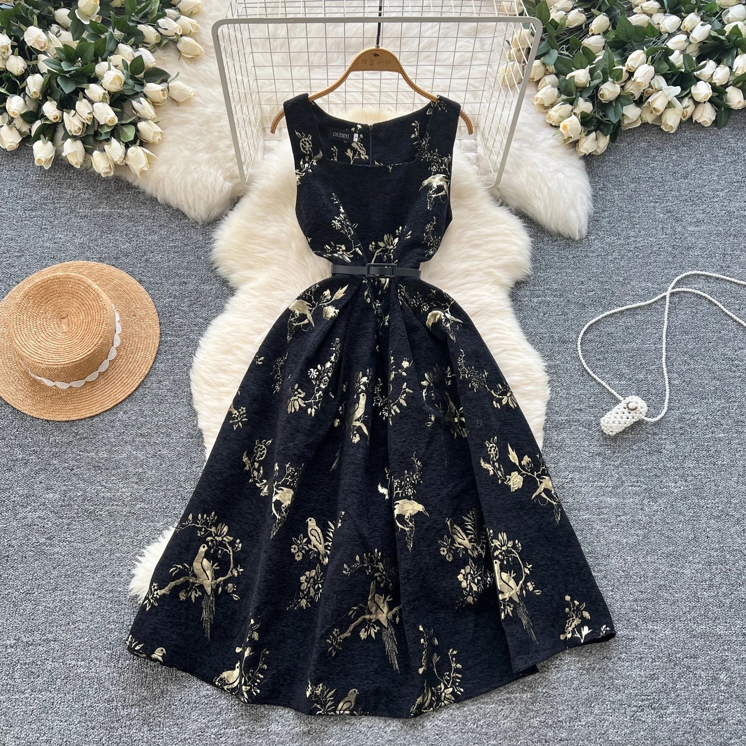 Summer French Style Waist Collection Slimming Print Retro Women's Dress