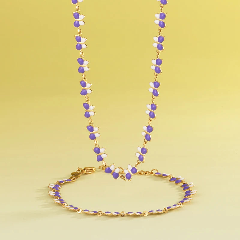 Bohemia White Purple Oil Drip Enamel Butterfly Jewelry Sets Adjustable Handmade Gold Plated Butterfly Chain Necklace Bracelets