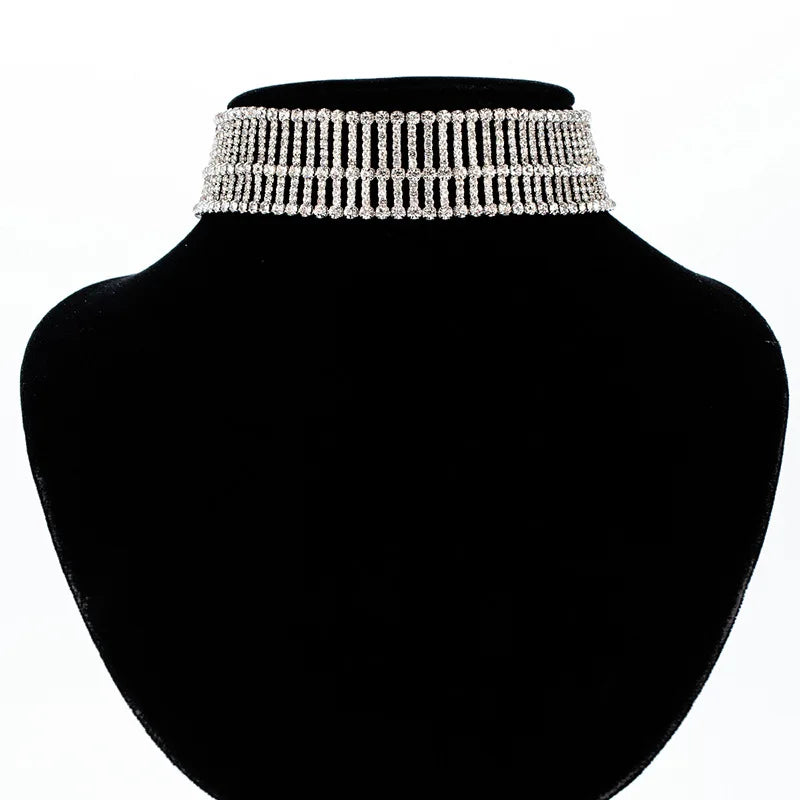 2022 New Silver Rhinestone Bar Chokers for Women Multi-Stripes Hollow out Wide Punk Necklaces for Wedding Occasions