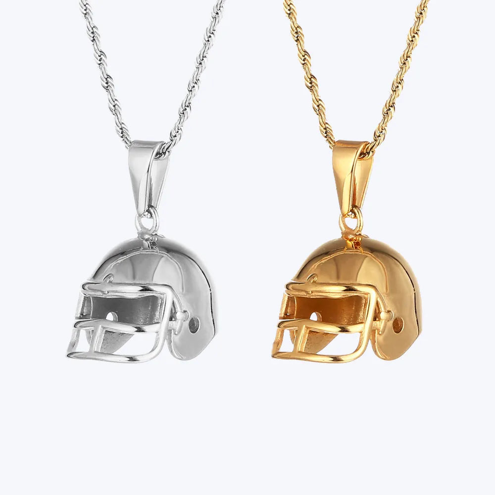 Stainless Steel 18k Gold Plated Jewelry Vintage Street Mens Necklace Sports Football Helmet Pendant Necklace Rope Chain
