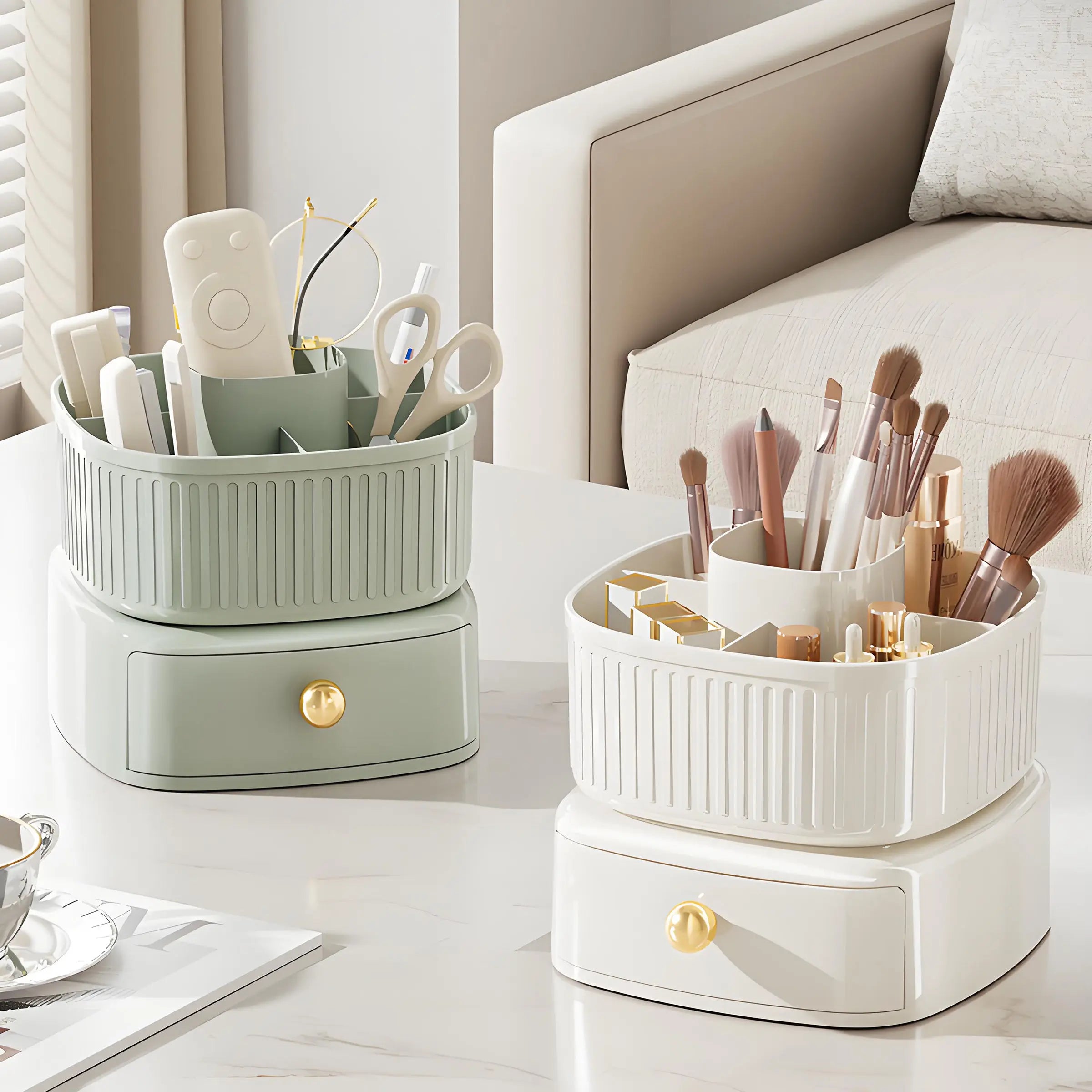 Large Capacity Luxury Rotating Makeup Storage Box Light Luxury Desktop Household Organizer with Brush Storage Bucket