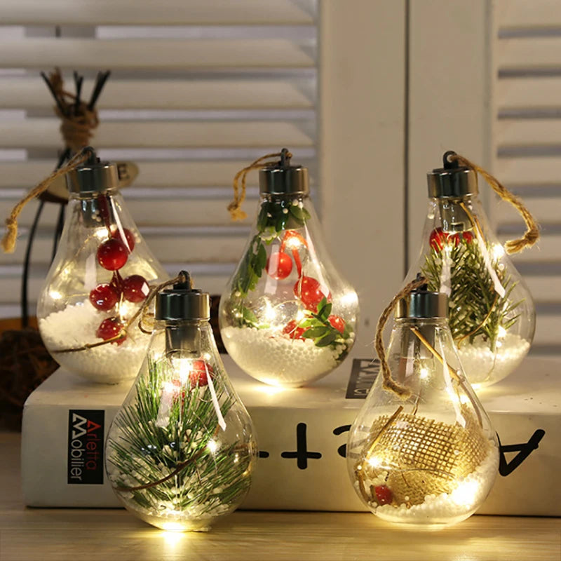 LED Light Christmas Bulbs Ornament Transparent Ball Holly Pick Christmas Baubles Clear Tree Decoration Crafts