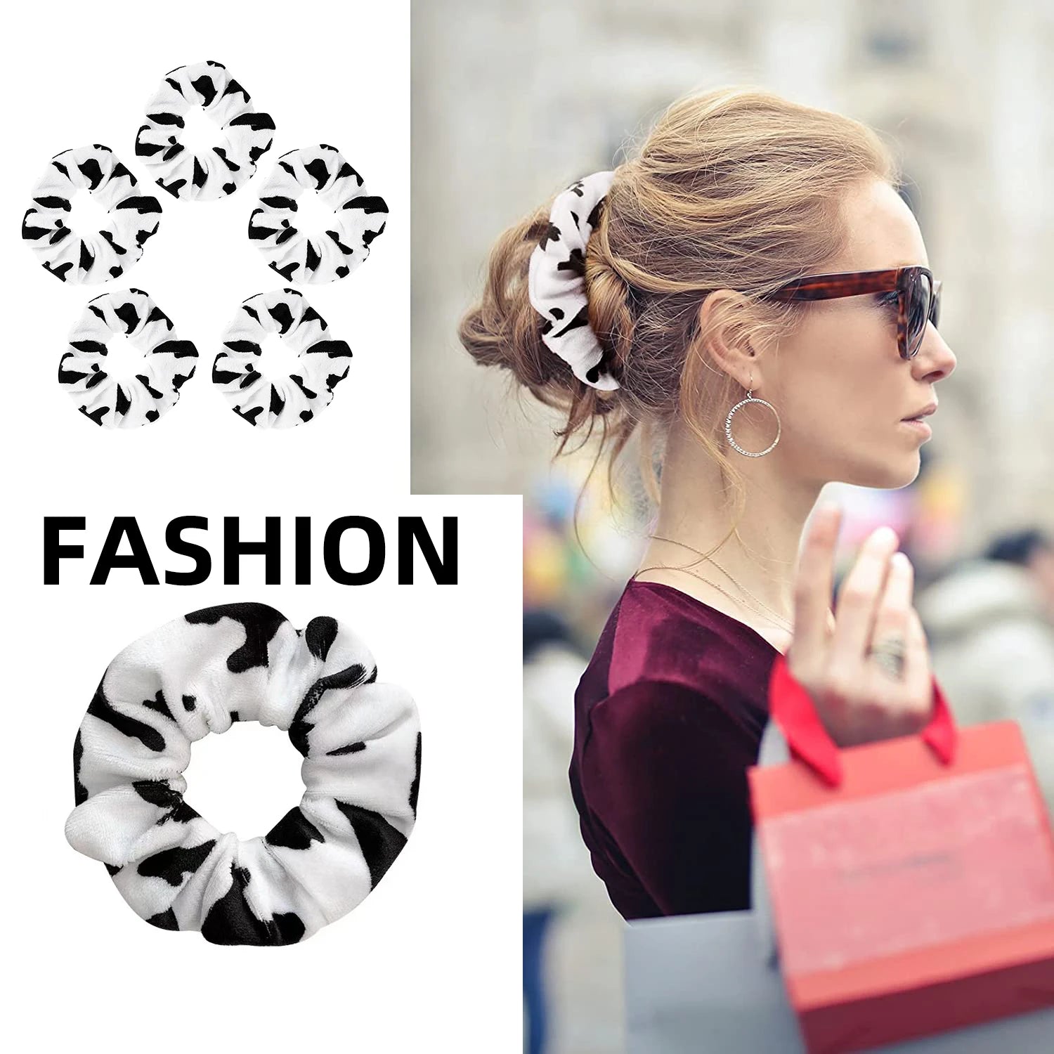 New Design Cow Pattern Velvet Scrunchies Wholesale Black White Elastic Hair Scrunchies Plush Hair Ties for Women