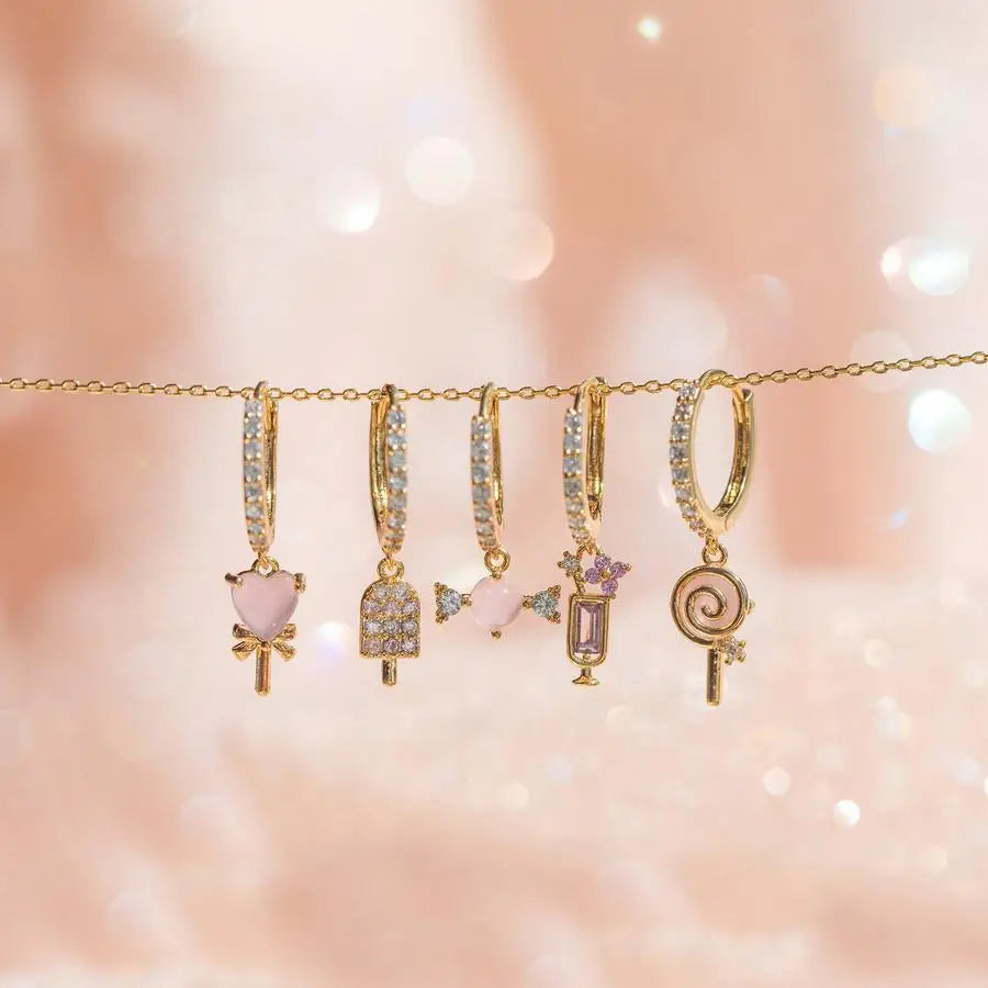 New Designer Lovely Zircon Hoop Ear Ring Cute Girl Pink Ice Cream Candy Copper Plated 18k Gold Huggie Pendant Earrings for Women