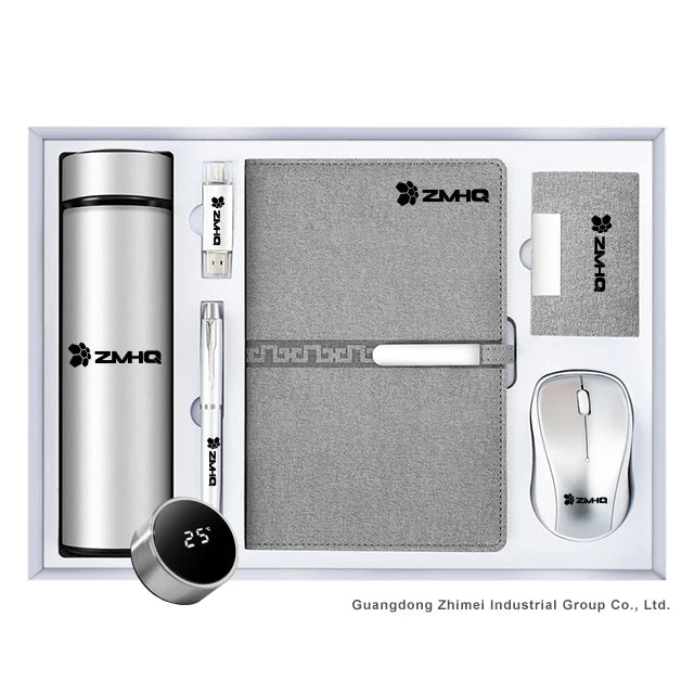 High-End 6 in 1 Business Gift Set Amazing Customized Logo Flask Pen Notebook USB Mouse for Annual Meetings Promotional Gifts