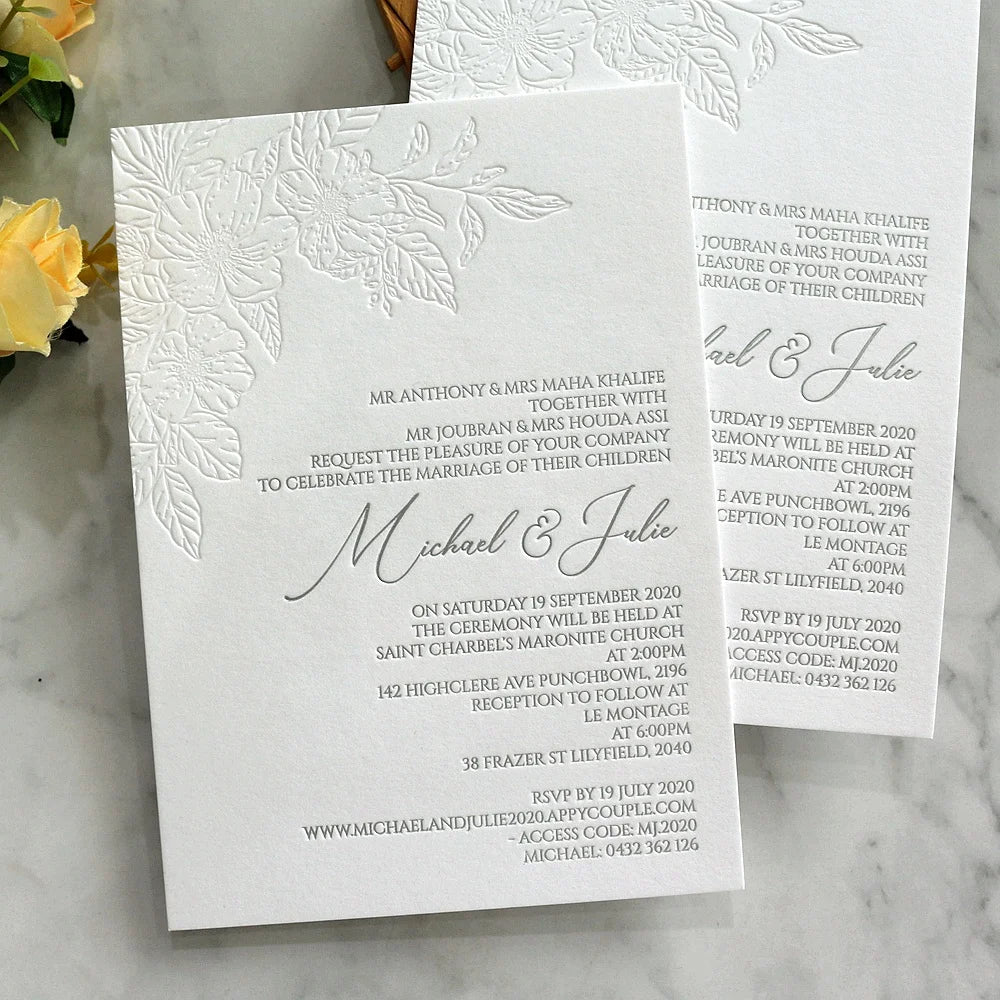 Free Sample Cotton Paper Letterpress Embossed Wedding Invitation Printing Custom Design MegaBDM