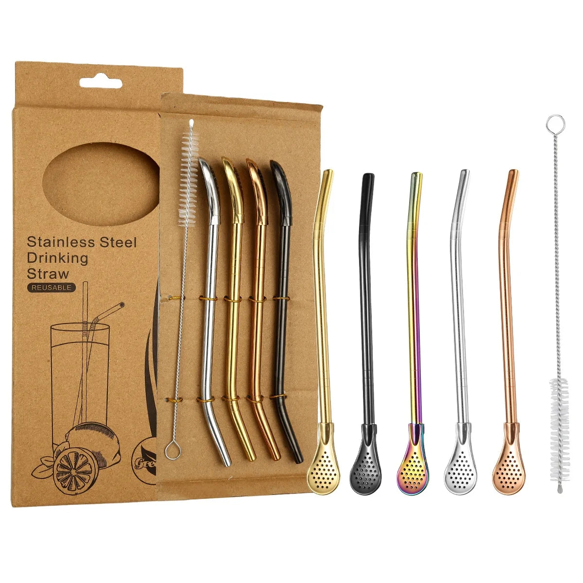 Stainless Steel Yerba Mate Straw Bombilla Set Reusable Filter Spoon Drinking Straw With Cleaning Brush for Loose Leaf Tea