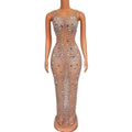 Sexy Stage Sparkly Pearls Crystals Mesh Long Dress Women's Birthday Celebrate See Through Mesh Dress Stage Costume Dance Outfit