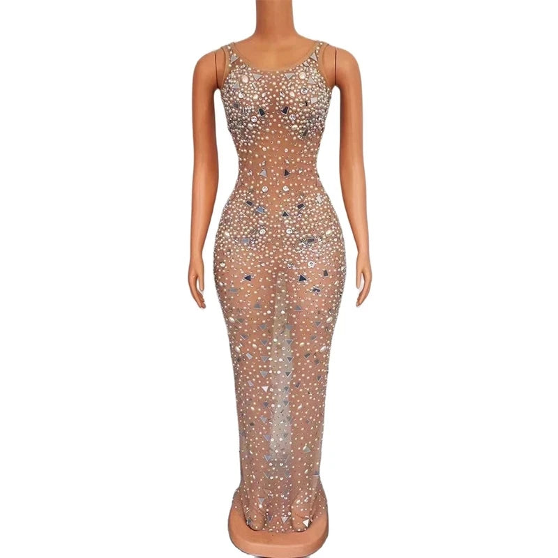 Sexy Stage Sparkly Pearls Crystals Mesh Long Dress Women's Birthday Celebrate See Through Mesh Dress Stage Costume Dance Outfit
