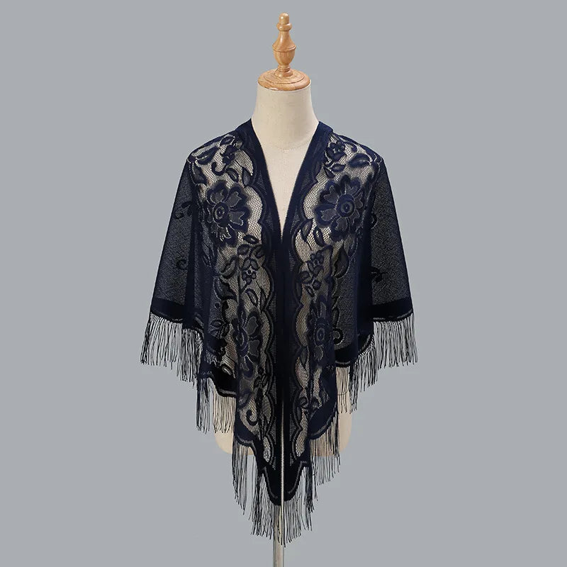 Yiwu Jingtai 2025 Latest Solid Hollow Out Tassel Triangular Scarf for Women Elegant Lace Trim Single Layer Breathable Shawls