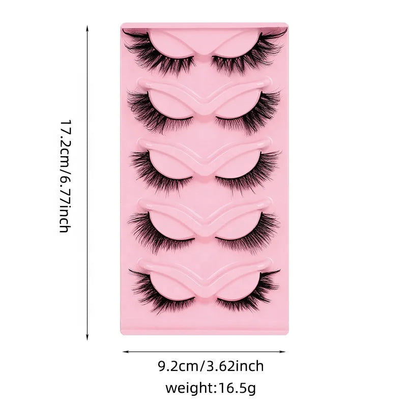 New Fashion Style Oblique Flight 5 Pairs Fox Eye Lashes Party Faux Mink Natural Black Soft Wispy Curler Cruelty-Free Reusable MegaBDM