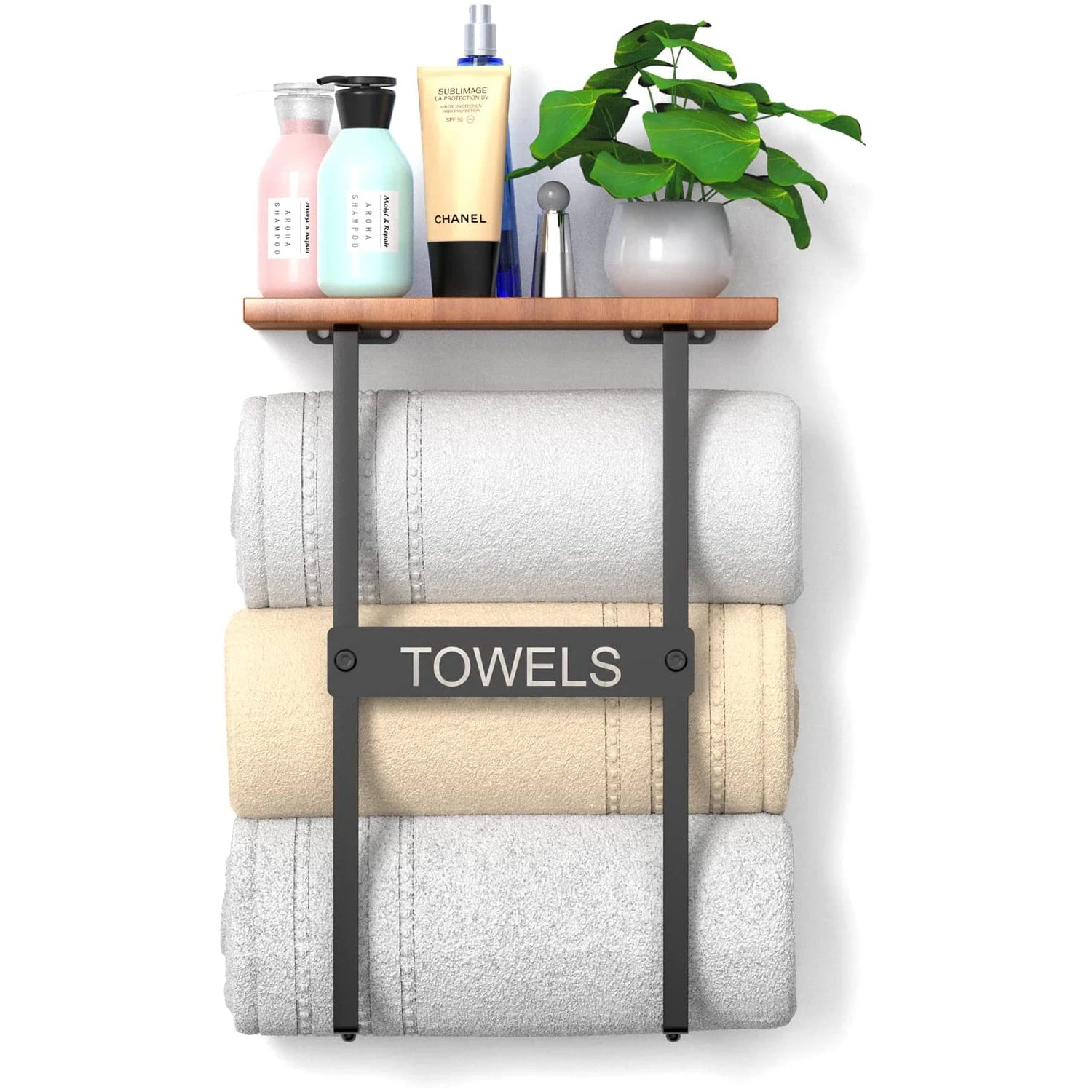 Black Bamboo Wood Wall-Mounted Bathroom Towel Storage Rack with Heater Featuring a Convenient Shelf