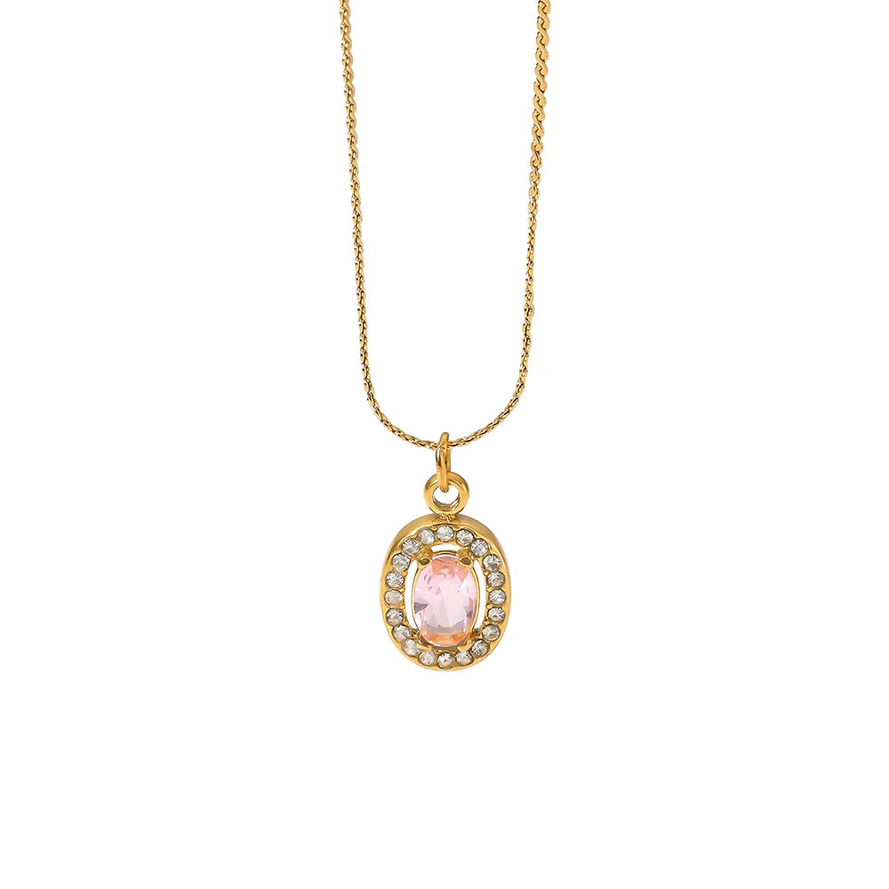 Wholesale Waterproof Jewelry Stainless Steel 18K Gold Plated Vintage Pink Cubic Zircon Pendant Necklaces for Women Daily Wearing