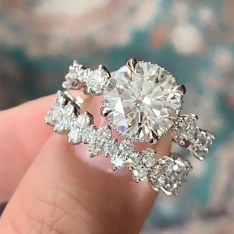 CAOSHI Dainty Pave Setting Engagement Rings Women Girls Shiny Round Gemstone Rings Bride Silver Wedding Rings Sets Lady