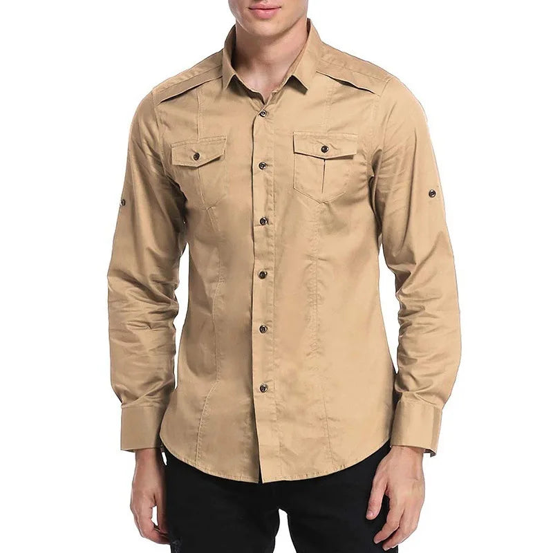 Wholesale Custom Logo Men's Casual Solid Plain Long Sleeve Shirts Outdoor Men's Cotton Shirts Pocket Workwear Shirts