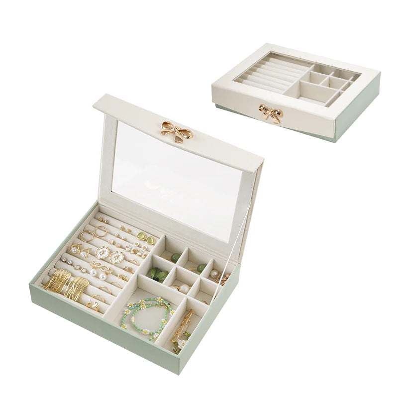 Intellignent Supplier Custom Logo Luxury Transparent Lid PU Leather Ring Necklace Earring Jewelry Box Organizer