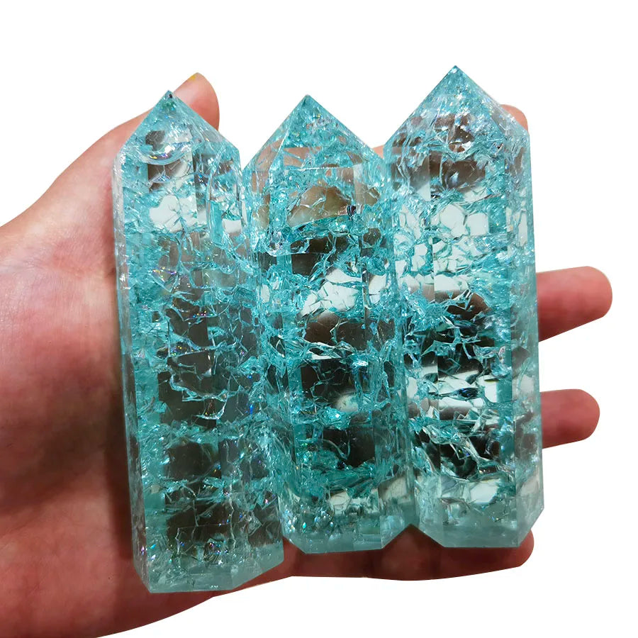 Blue Cracked Crystal Point Polished Shiny Blue Quartz Polyhedral Rainbow Chunk Stone Blue Glass Tower Small