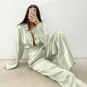 Ladies Button Down Pjs Loungewear 2pcs Female Silk Like Satin Pajamas Setsleepwear for Women