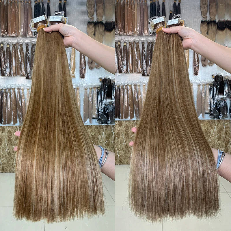 12a Grade Russian Human Hair Balayage Highlight Double Draw Mini Tape in Real Hair Extensions