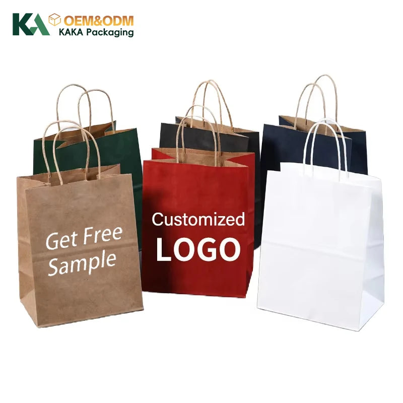 KAKA Custom Logo Eco-friendly Recycled Brown Kraft Paper Gift Packaging Shopping Bags with Twisted Handles for Boutique Takeaway