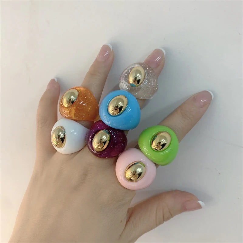 Custom Various Shapes Korean Style Multi Color Acrylic Statement Dome Resin Rings Jewelry Wholesale