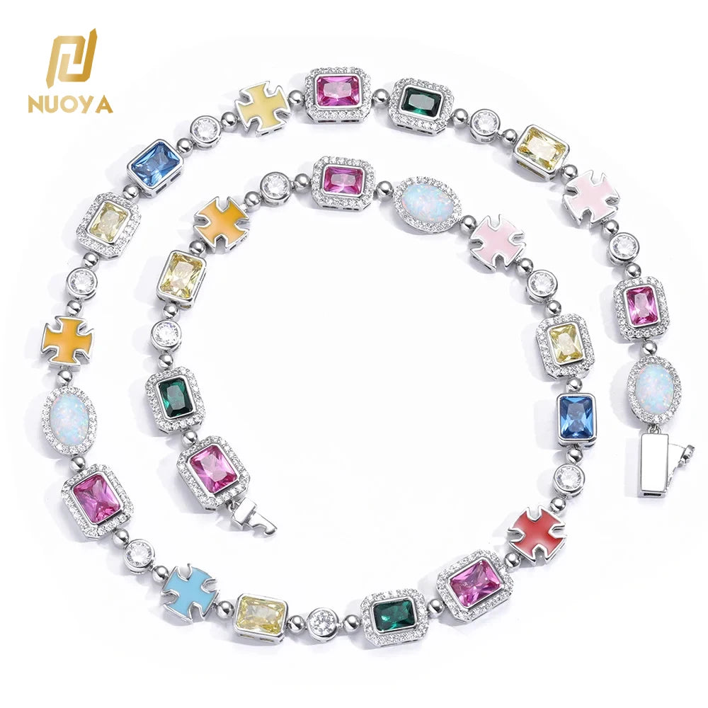 NUOYA Iced Out 10mm Custom Enamel Chain Necklace Silver Gold Geometric CZ Stone Design Hip Hop Jewelry