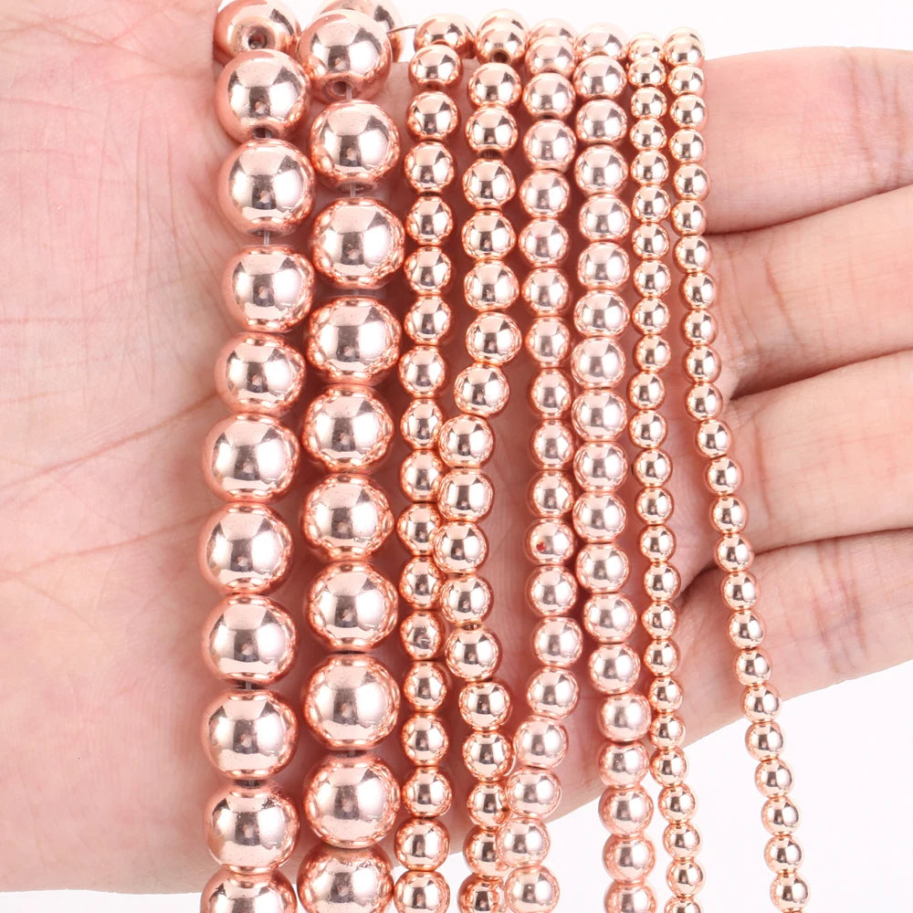 AsVrai U Natural Hematite Stone Beads Rose Gold Color Loose Round Beads for Jewelry Making DIY Bracelets Accessories Wholesale
