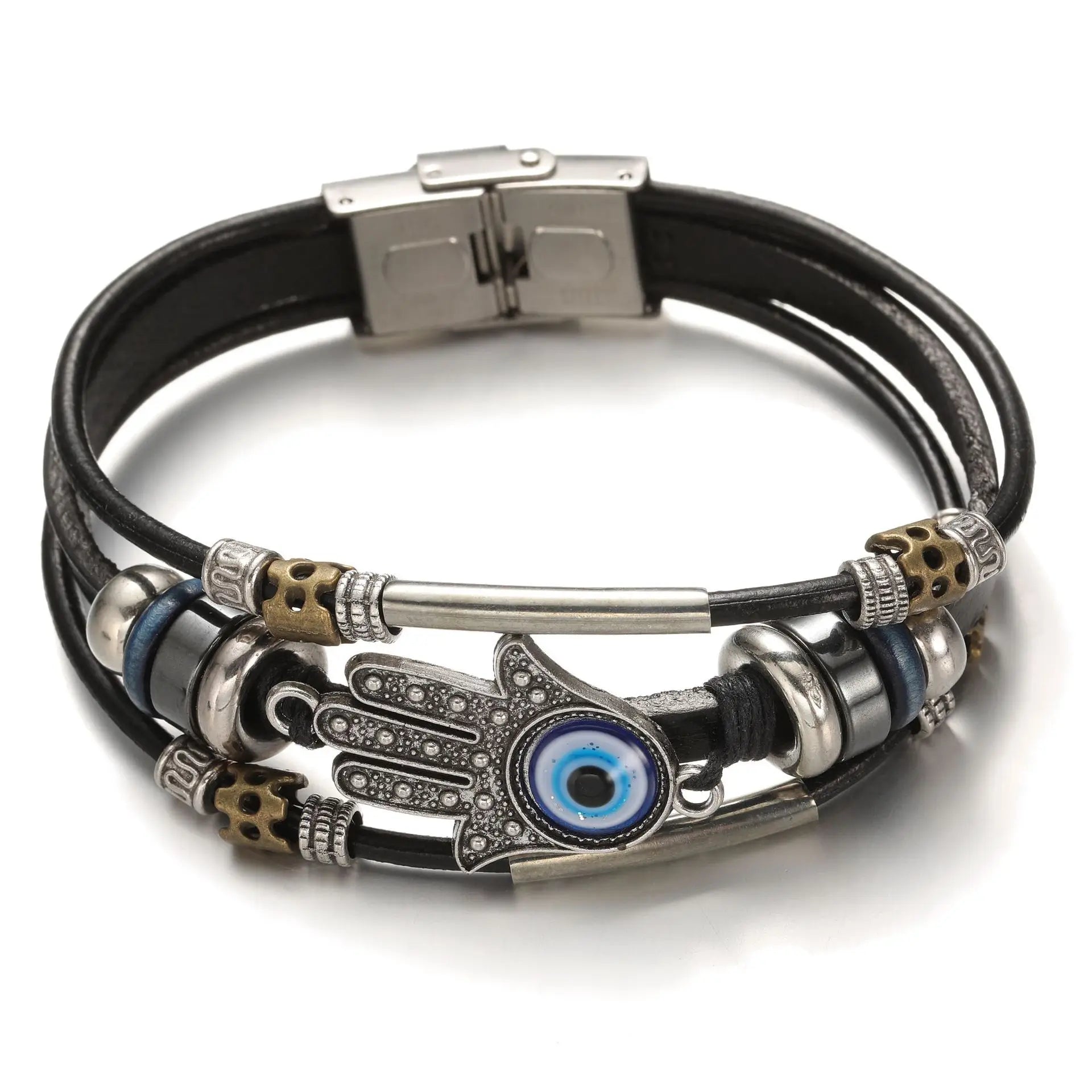 Fashion Jewelry Turkey Blue Eyes Bergamot Leather Rope Bracelet Stainless Steel Buckle Series Leather Bracelet Wholesale
