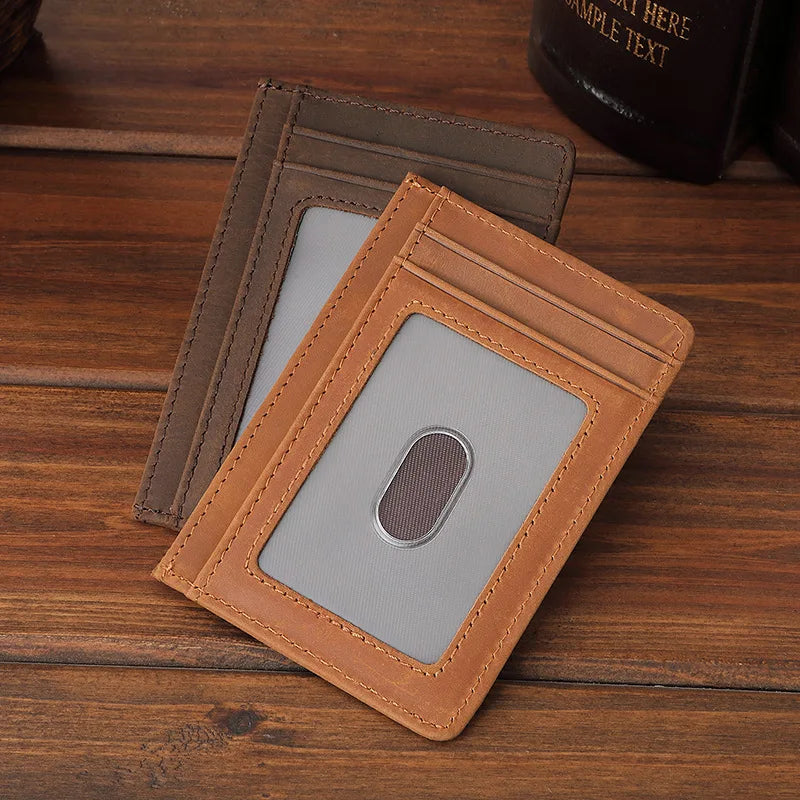 Minimalist Slim Unisex Front Pocket Genuine Leather Wallet Crazy Horse Leather ID Card Holder Wallet