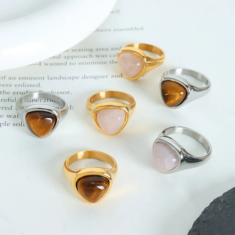 Hot Selling Minimalist Stainless Steel Gemstone Rings Vintage Tiger Eye Pink Stone Rings Anillos De Acero Inoxidable