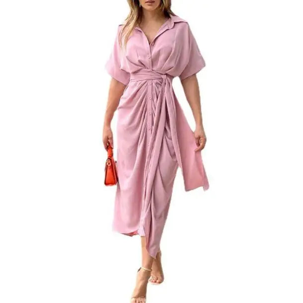 Summer Fashion Lapel Short Sleeve Midi Dress Women High Waist Elegant Shirt Dress