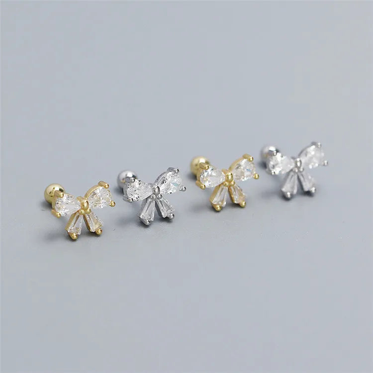 SP Sweet Cute Fashion Bow Earrings S925 Sterling Silver Screw Backing Zircon Bow Stud Earrings