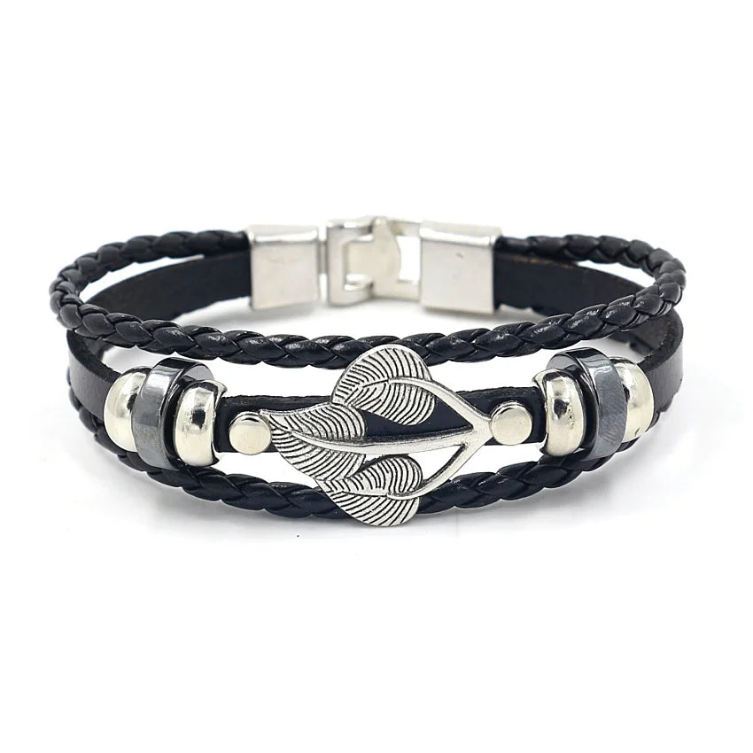 Vintage Jewelry Ancient Silver Leaf Pattern Beaded Leather Braided Bracelets for Men
