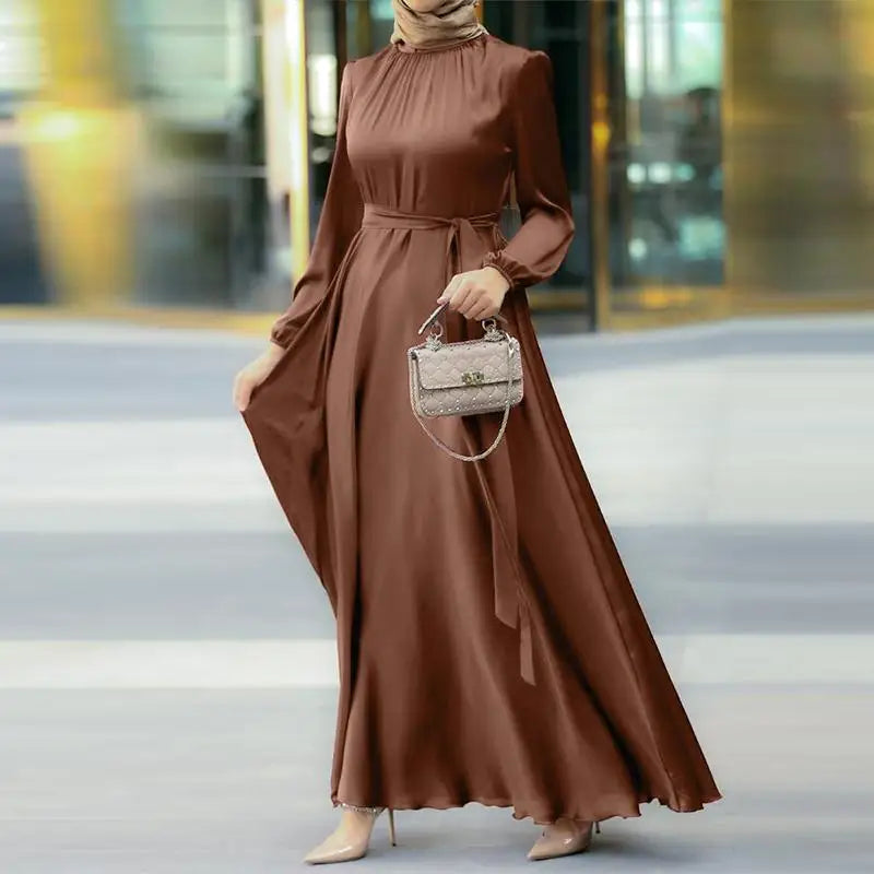 Wholesale New 2023 Arab Dubai Muslim Fashion Abaya Crewneck Long Sleeve Lace-up Waist Slimming Fashion Elegant Robe Loose Dress