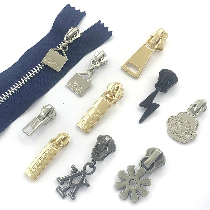 Custom Plating Zipper Rope 3#5# Silver Golden Black Gun Nylon Plastic Metal Zipper Sliders Puller Head Tags