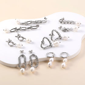 Customized Waterproof Wholesale Bulk Fashion Jewelry Stainless Steel Heart Dangle Pearl Earrings Drop Hoop Earrings for Girls