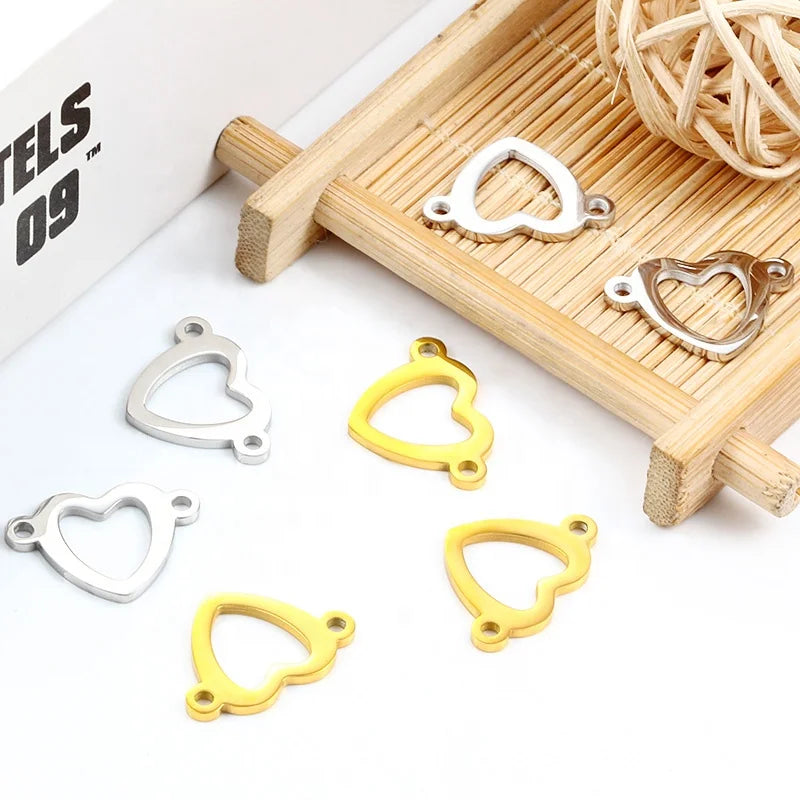 Hollow Love Heart Stainless Steel Polishing Charms Double Hole Connection Fine Jewelry Piercing Pendant