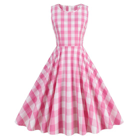 Summer Print Dresses for Women Retro 50s Plaid Sleeveless Party Dress Vintage Pin up Rockabilly Dress