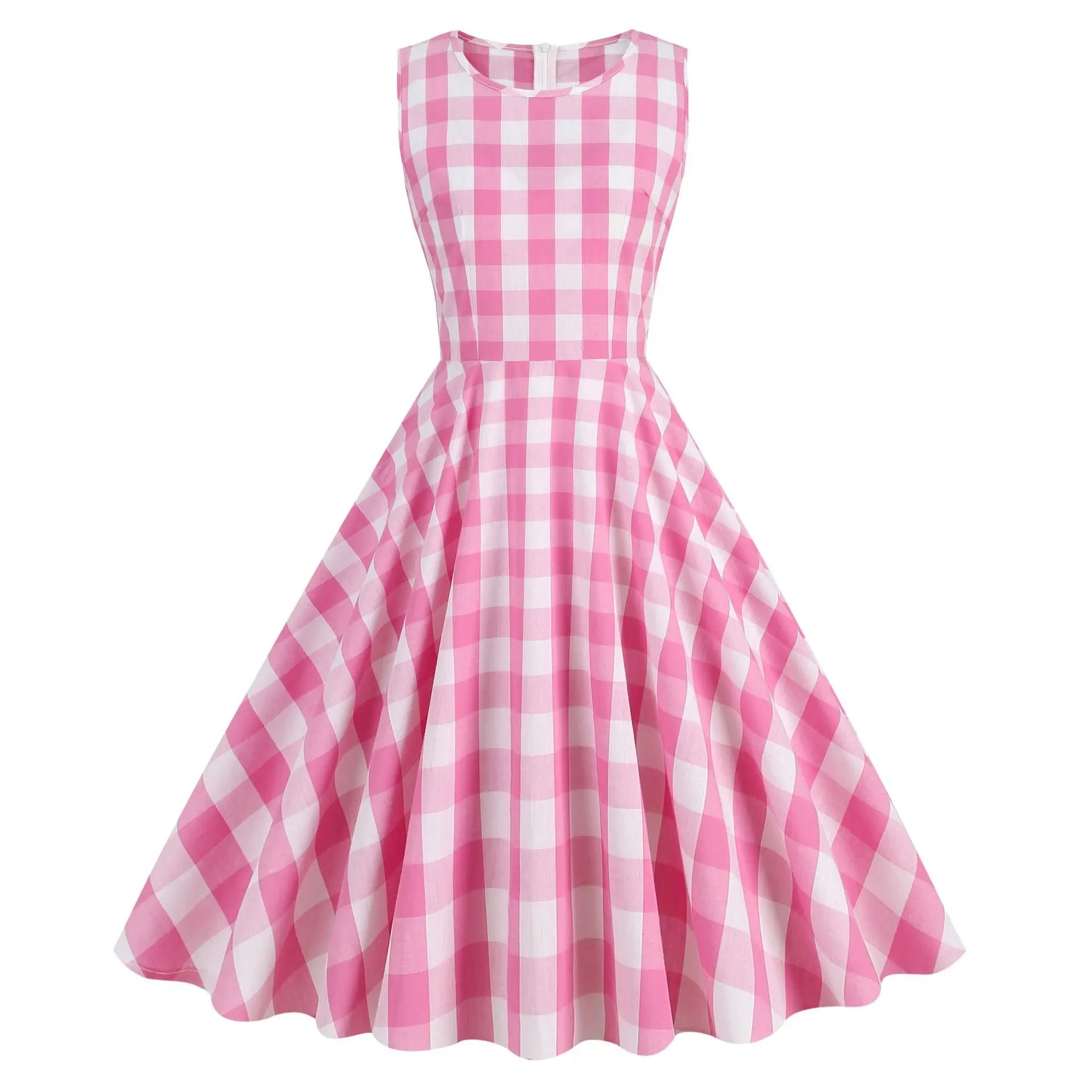 Summer Print Dresses for Women Retro 50s Plaid Sleeveless Party Dress Vintage Pin up Rockabilly Dress
