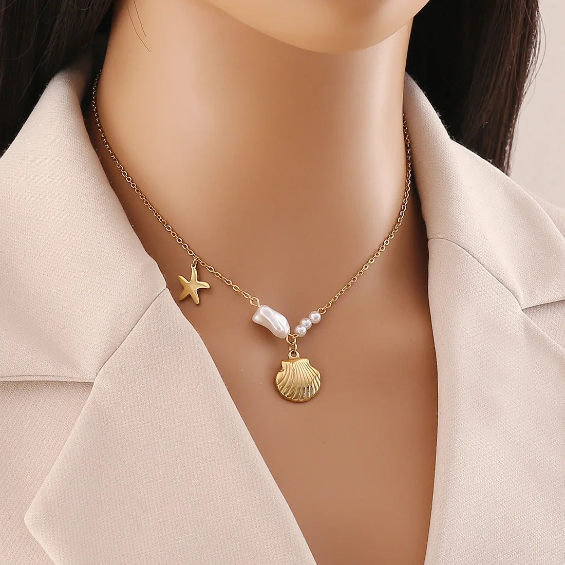 Fine Jewelry Stainless Steel Necklaces Pearl Starfish Choker Sea Shell Pendant Necklace for Women