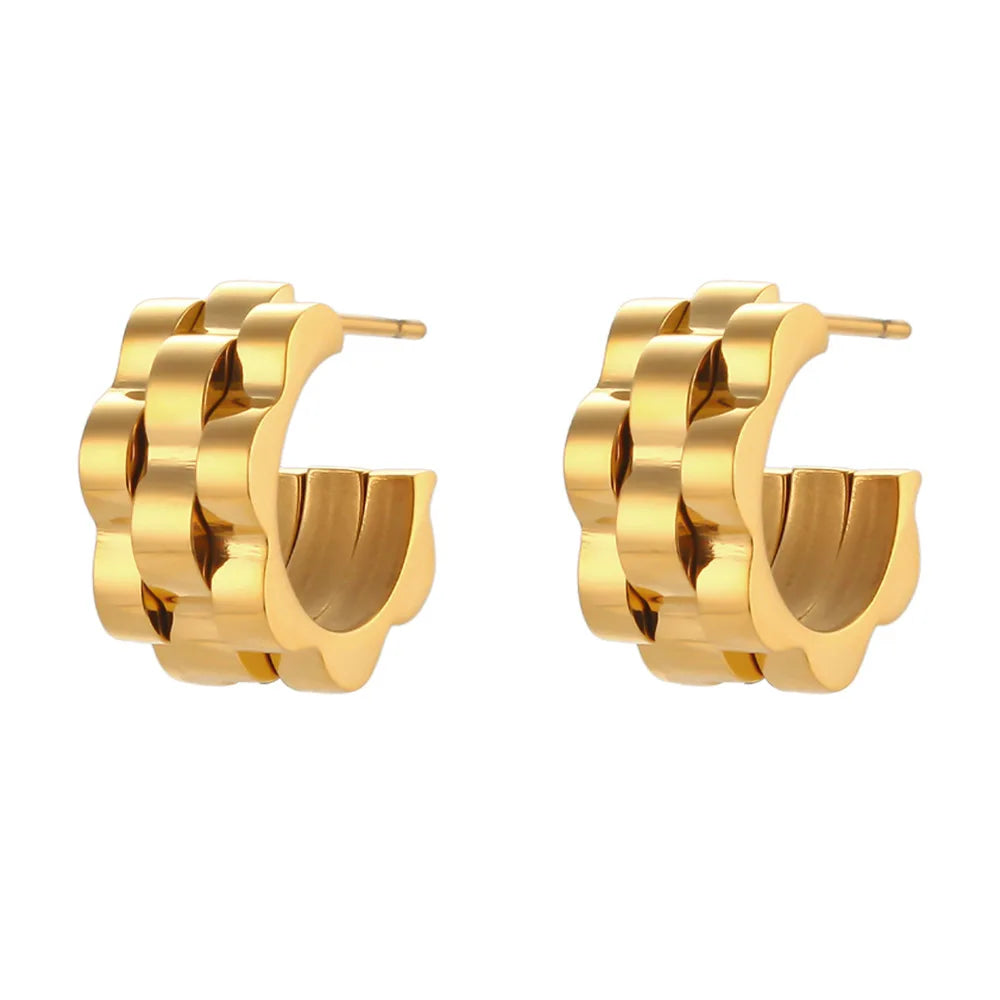Trendy  INS Personality Stainless Steel 18K Gold Plated Strap C Hoop Earrings Hip Hop Link Chain Circle Earrings for Women