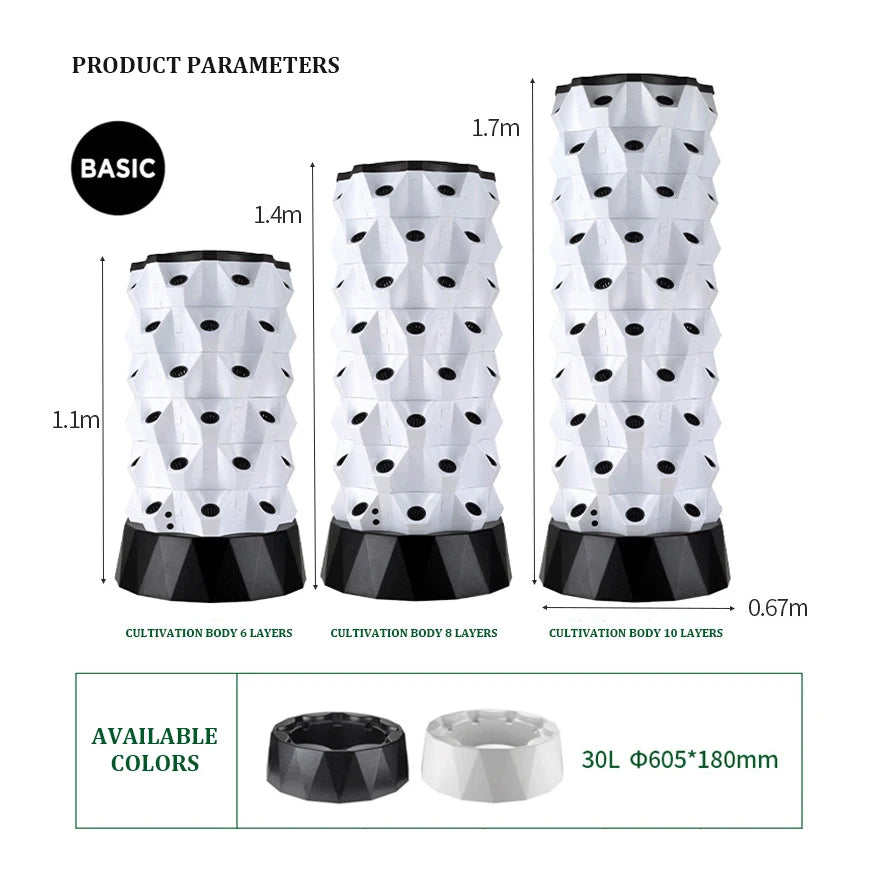 30L Large ABS 8-Layer 64-Hole Hydroponic Tower Container for Microgreens Vertical Growing System