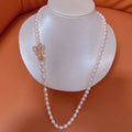 Autumn/Winter Women's Trendy Sweater Chain 18K Gold Plated Bow Free Button 5-6MM Rice Pearl AAA Necklace 60cm